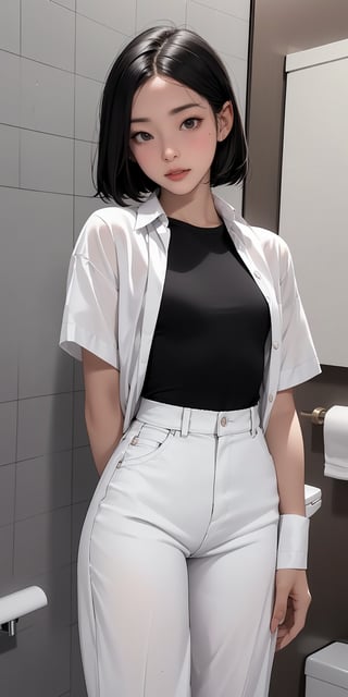 Roma Latina with white skin, (very short Bob black hair) (black eyes.) Adorable face, flat chest. Con camisa blanca y pantalón negro (pintándose los labios en un baño publico frente a un espejo )