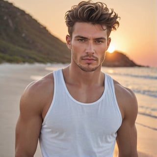 Magazine fashion photography photographed by David Bellemere of a (handsome young man) with an intense gaze, sensual and elegant, athletic, wearing a white top tank, on a secluded beach, at sunrise, from a eye level angle, soft lighting, dreamlike atmosphere, pastel colors, symmetrical composition 