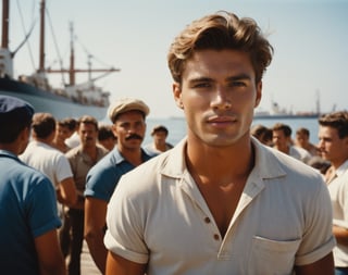 analog, a young handsome sailorman stands on the dock, tanned face, while a group of eager dockworkers bustle about, loading and unloading cargo from the ships that line the harbor, lively atmosphere around him, polaroid, photorealistic, cinematic, movie stills style.,Movie Still,Perfect Hands