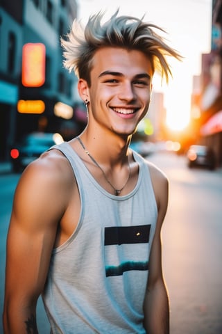 ink-adorned grunge 19 years old caucasian man, coquettish gaze, grey tanktop, fashion-forward neon city snapshot, sun-kissed, minimalist chic, grin-lit euphoria