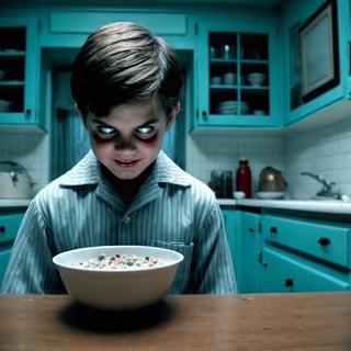 Horror Movie still. Menacing male boy possessed by evil, before a bowl of cereal in a pristine kitchen with disturbing and piercing stare to the camera, disturbingly neat clothing, unnaturally clean surroundings, in a deceptively orderly kitchen, 1960's style kitchen furniture, (Aquamarine, NavajoWhite and Red color palette), suffocating suspense, high-intensity horror drama style, chilling realistic effects,photo r3al,whiteeyes