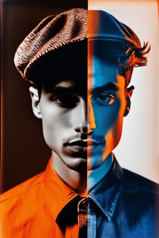mixed media photography, fusing photography and risograph, articulating the progression of an editorial portrait through the phases, handsome young man, Italian, film noir, indigo and white and burnt umber gradient color transitioning, low key, neon orange full lips, double exposure, (cinematic realism:1.2), (confident posture:1.2)