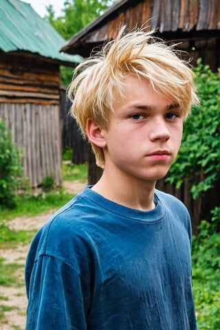 A village Russian teenage boy with blond untidy hair, rural courtyard context