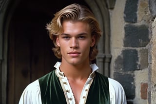 screengrab of original VHS movie | TV show from early 70's | portrait shot, handsome young male character similar to Matthew Noszka | fantasy medieval atmosphere, Interiors of an old medieval manor house | grainy, low quality, random facial expressions, ultra-detailed, is characterized by its extraordinary physical attributes and awe-inspiring presence.,Hyperrealism style