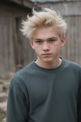 A village Russian teenage boy with blond untidy hair, rural courtyard context