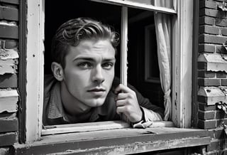 A detailed black and white portrait of a handsome young man, shown from the waist up. The person is peering through an open window, with a sharp focus on the facial expression. Beyond the window, outside are overgrown buildings in various states of neglect and decay, photorealism,Extremely Realistic,photo r3al,aesthetic portrait