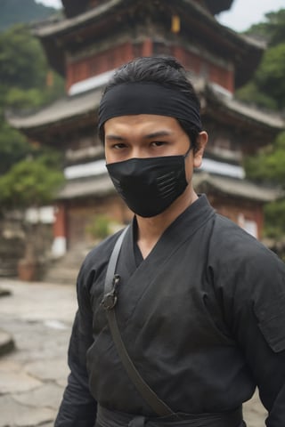 close-up shot of a young male ninja wearing black ninja suit fighting | looking at camera | blurred bokeh ancient temple background,N1njaScroll,cip4rf