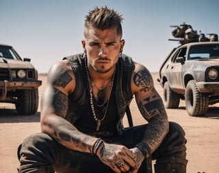 A handsome tattooed young man sits on the ground, face focus, he is surrounded by the style of Mad Max vehicles, in a postapocalyptic desert setting with a cyberpunk aesthetic, in a cinematic, movie stills style.,Movie Still,Perfect Hands