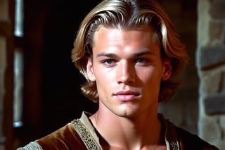 screengrab of original VHS movie | TV show from early 70's | portrait shot, handsome young male character similar to Matthew Noszka | fantasy medieval atmosphere, Interiors of an old medieval manor house | grainy, low quality, random facial expressions, ultra-detailed, is characterized by its extraordinary physical attributes and awe-inspiring presence.,Hyperrealism style