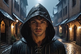 (Cinematic Shot) (Shot on Aaton LTR 54)(FACE CLOSE-UP SHOT:1.5) 1boy, handsome, Feel the 'Rhapsody of the Rain' with the hooded assassin, where each shadow black drop plays a note on the cobblestone grey earth, composing a symphony of renewal, reflection, and rebirth. Old medieval alley, moonlight, heavy rain, smog