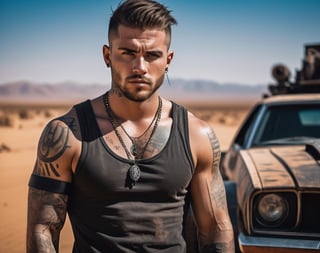 A handsome tattooed young man, face focus, he is surrounded by the style of Mad Max vehicles, in a postapocalyptic desert setting with a cyberpunk aesthetic, in a cinematic, movie stills style.,Movie Still,Perfect Hands