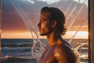 A handsome young man through a water-splashed window, enveloped in Sunset Drama and a Crimson Wash, exuding Turbulent Serenity, directed towards a Vanishing Point, all under the Storm’s Breath, --style raw 