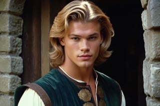 screengrab of original VHS movie | TV show from early 70's | portrait shot, handsome young male character similar to Matthew Noszka | fantasy medieval atmosphere, Interiors of an old medieval manor house | grainy, low quality, random facial expressions, ultra-detailed, is characterized by its extraordinary physical attributes and awe-inspiring presence.,Hyperrealism style