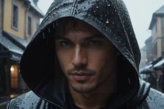 (Cinematic Shot) (Shot on Aaton LTR 54)(FACE CLOSE-UP SHOT:1.5) 1boy, handsome, Feel the 'Rhapsody of the Rain' with the hooded assassin, where each shadow black drop plays a note on the cobblestone grey earth, composing a symphony of renewal, reflection, and rebirth.