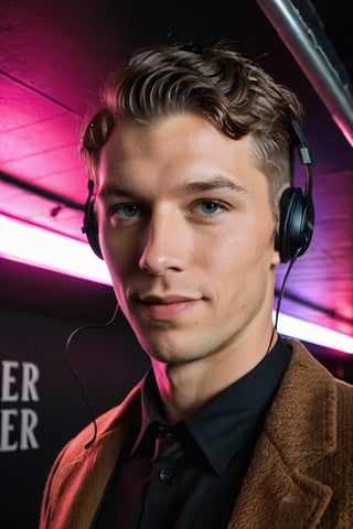 (Cinematic Shot) (Shot on Aaton LTR 54)(FACE CLOSE-UP SHOT:1.5) 1boy, similar to Matthew Noszka,  with Headset (22yo, Peaky Blinder haircut style:1.4), (Black Walls:1.3) (Neon Signs:1.3)(LED  CEILING STRIPS:1.3) (lens flare:1.3) insanely detailed and intricate, character, hypermaximalist, beautiful, handsome, exotic, revealing, appealing, attractive, amative, hyper realistic, (super detailed:1.3), (ambar volumetric smoke:1.3)   distiguished interior, building  (smiling:1.4),