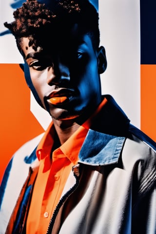 mixed media photography, fusing photography and risograph, articulating the progression of an editorial portrait through the phases, handsome young man, film noir, indigo and white and burnt umber gradient color transitioning, low key, neon orange full lips, double exposure, (cinematic realism:1.2), (confident posture:1.2)
