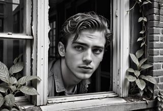 A detailed black and white portrait of a handsome young man, shown from the waist up. The person is peering through an open window, with a sharp focus on the facial expression. Beyond the window, outside are overgrown buildings in various states of neglect and decay, photorealism,Extremely Realistic,photo r3al,aesthetic portrait