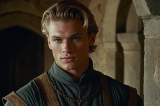 screengrab of original VHS movie | TV show from early 70's | portrait shot, handsome young male character similar to Matthew Noszka | fantasy medieval atmosphere, Interiors of an old medieval manor house | grainy, low quality, random facial expressions, ultra-detailed, is characterized by its extraordinary physical attributes and awe-inspiring presence.,Hyperrealism style