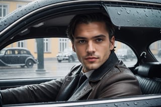 Generate an image of a young and handsome man waiting inside his car, his gaze fixed on a typical Berlin street corner as he anticipates the arrival of a comrade. Capture the scene from inside the car, providing a view through the window. Incorporate the atmospheric element of rain to enhance the mood. Pay attention to details such as the architecture of the Berlin street and the historical context of the setting. Emphasize the anticipation and camaraderie in the air, creating a visual narrative that reflects the historical and emotional elements of the Weimar Republic era. sdxl