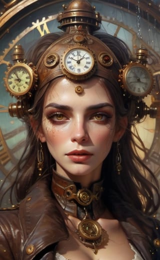 olpntng style, high quality steampunk portrait of the woman called Goddess Time with a clock for a head played by Sam Elliott, clock goggles, amazing background, by tomasz alen kopera and peter mohrbacher, dripping sparks, rain, sharp focus, clear, vibrant, denoised, intricately detailed, amazing clock, 8k, steampunk clock render engine, oil painting, heavy strokes, paint dripping,HZ Steampunk,dashataran,3d style,LinkGirl,xxmix_girl,3d,FilmGirl