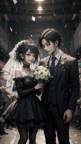 A cartoon image of a little girl dressed as a bride, holding a bouquet of flowers, standing next to a man dressed in a suit. They are both smiling and the girl is wearing a tiara. They are surrounded by confetti.