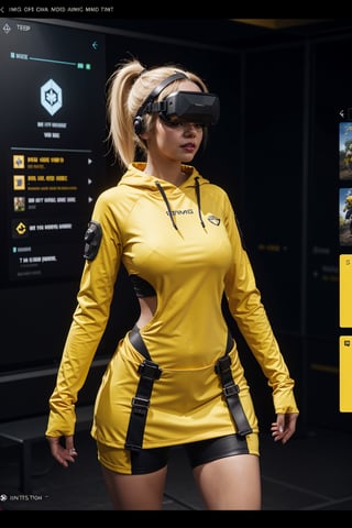 a screenshot of a woman in a yellow outfit, in - game, in-game, in game, pc screenshot, pc game with ui, fashion gameplay screenshot, video game screenshot>, ingame image, mmorpg, vr game, <mmorpgs scene, mmo, fps game, high fov, ingame, 3 rd person game, in game screenshot