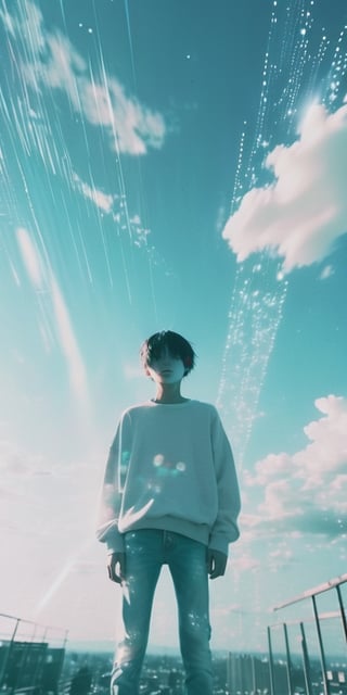 Low Quality film､glitch Noise､photo is not clear,Dots,
Accidentally photo footage, far-up shoot, complex background, heaven, shine, sky, rays, particles, clouds, ghost person(boy), Vogue, 