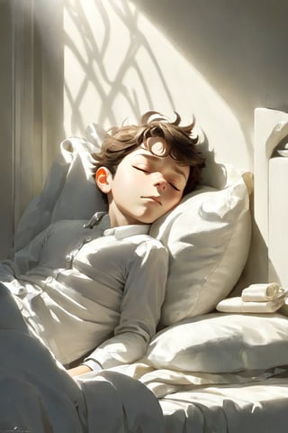 portrait of a kid, sleeping, white theme, white theme furniture, cinematic sunrays, cinematic angle, dynamic angle,  dfdd,