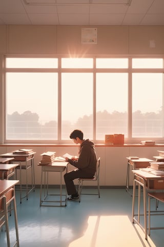 lofi style, a 1boy at school, in the class, studying, setting close to the window, sunshine, cinematic light, cinematic view, close up shoot ,EpicSky,kyoshitsu,aw0k straightstyle,aw0k straightsyle