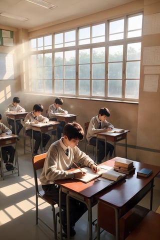 lofi style, a boy at school, in the class, studying, setting close to the window, sunshine, cinematic light, cinematic view, close up shoot ,EpicSky,kyoshitsu