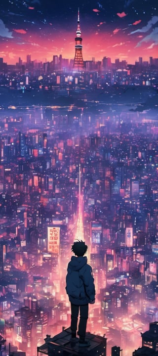 1boy, standing top of building, night city, neon light, buildings, beautiful view, raining, water drops,lofi,EpicSky,ink scenery,Tokyo tower