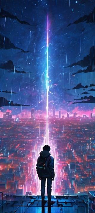 1boy, standing top of building, night city, neon light, buildings, beautiful view, raining, water drops, big bang, lofi,EpicSky,ink scenery, cyborg style,aw0k,6000,beyond_the_black_rainbow