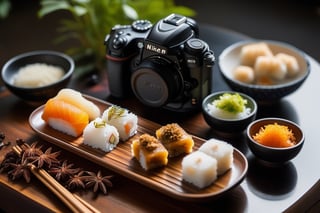 cinematic photo raw photo 4k gopro4 shot, ultra detailed, centered view of plancha on table, spices with tasty rice rolls and shushi(different color and design) on it, mochi, colorful, in a garden,elegant, alluring, attractive, amazing photograph, masterpiece,product photography, best quality, 8K, high quality, photorealistic, realism, art photography, Nikon D850, 16k, sharp focus, masterpiece, breathtaking, atmospheric perspective, diffusion, pore correlation, skin imperfections, . 35mm photograph, film, bokeh, professional, 4k, highly detailed
