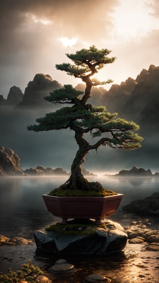 photo bonsai cedar on a small angular rock in the water, gold hour, soft lighting, rain, medium full shot, volumetric lighting, beautiful, ultra detailed, 3 5 mm, fujifilm, cinematic the war between worlds extremely detailed claymation art, dark, moody, foggy
