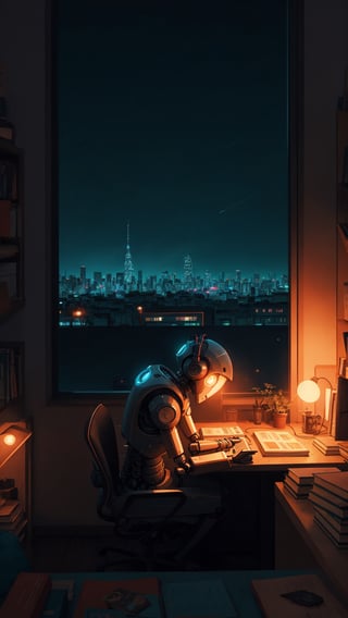 1 robot studying,school, lofi, room, books, pin, night, thinking, silent background, night,  sharp focus, wide angle, highly detailed, high budget, cinemascope, flat design, low light, neon light reflation, 1 light, 