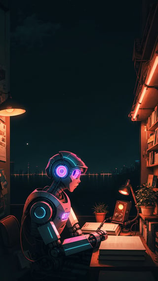 1 robot studying, lofi, room, books, pin, night, thinking, silent background, night,  sharp focus, wide angle, highly detailed, high budget, cinemascope, flat design, low light, neon light reflation, 1 light, 