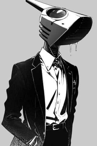 white ink, lines, swallowing, scribbles, simple_background, shirt, 1boy, jacket, monochrome, upper_body, male_focus, collared_shirt,  formal, suit, object heads,  scribbles as head 