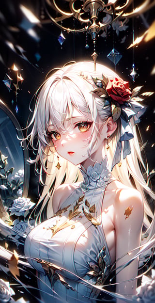 （delicate face, down shot,) thick acrylic illustration on pixiv, by Kawacy, by john singer sargent, masterpiece, (upper body, one girl, long golden hair, pale white skin, red lips, beautiful face, wearing diamond jewelry, lying on a huge broken mirror, lying in white roses, beside little glittering broken glass, there are red splatter marks on the white dress and hair, god light, celluloid), rich details, highest quality, ultra-detailed, extremely delicate, the latest pixiv illustrations, delicate decorations, dynamic poses, dynamic angles, gorgeous light and shadow