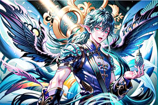 A young male Chinese merman is depicted in anime style, with beautiful big aqua ear fin, fins on limbs, long mermaid tail, blue eyes, blue long hair, wide open mouth fierceful and aggresively roaring expression, no_humans,Detailedface,boy,perfecteyes eyes