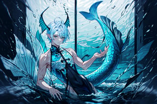 A young male Chinese merman is decipicted in anime style, beautiful face, with beautiful big aqua ear fin, fins on limbs, with long silver mermaid tail, silver eyes, black long hair, wearing blue silk clothes, water splasing pattern design on the clothes,glass