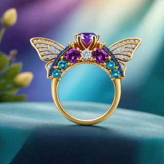 A diamond ring for women on a diamond luxury background, in a Victorian style with hand-painted effect. The ring is shaped with the main stone is set with purple colored gemstones, the butterfly wings are partially enameled with hollow windows,and the colors are a dreamy blue and purple gradient,MaskGO24K
