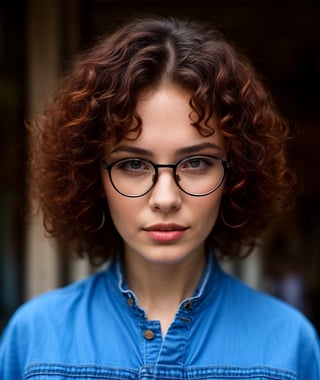 a woman with glasses is posing for a picture, red hair and attractive features, denim, photorealistic, portrait hd, (dark shorter curly hair), Turkish and Russian, hipster, girl, pixie,Masterpiece,portraitHD,photorealistic