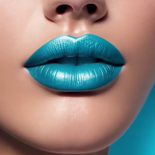 Macro lips, photo of a woman, close up of her face, She is looking at the camera with confident and shiny lips( cyan lips: 1.2) seductive expression, her lips slightly parted, platinum blonde hair,