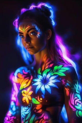 portrait a girl model have glowing tatto with body painting,bodyPa,dreamgirl,colorful,color art,color chaos,GlowingTat