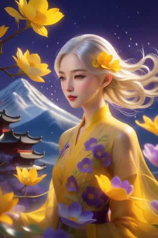 1 girl, upper body close-up, white hair, flowing hair, hazy beauty, extremely beautiful facial features, yellow embroidered dress, hair clip on the head, purple flowers, (spring, rainy days, terraces, mountains), simple vector art, contemporary Chinese art, soft light, layered form, seen from above,minimalist hologram,glow