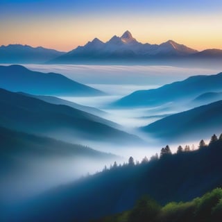 Misty mountains veiled in dawn's light, ethereal landscape, soft morning glow, tranquil atmosphere, panoramic view, gentle fog, serene composition, nature's splendor, early light play, peaceful setting, mountain peaks emerging, tranquil dawn, scenic beauty.