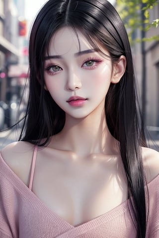 1 oriental girl, 20 years old, green eyes, black hair, straight and long, small mouth, wearing light pink lipstick, pink cheeks, light skin, small nose,high contrast,masterpiece, best quality,photorealistic,raw photo