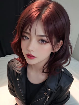 netural lighting, dynamic Angle, neon, Backlit,realistic, photorealistic, masterpiece, best quality, dark shot, (photo of portrait:1.2),1 girl, 20s, red hair, curled, dark brown eyes, small nose up, small mouth, wearing light purple lipstick, serious, purple eyelashes, open black jacket, black t-shirt, short red and black checkered skirt, long stockings black and boots,