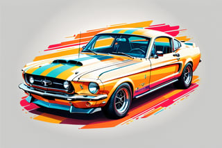 artwork of t-shirt graphic design, flat design of one retro ,retro car ,colorfull shades, highly detailed clean, vector image, photorealistic masterpiece, professional photography, simple sunrise backdrop , isometric, vibrant vector((white background)),americal mucle car, black mustang GT500