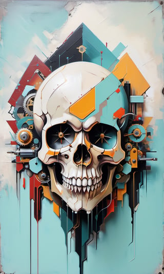 4k acrylic abstract electro skull mechanism art on canvas with brush textures depicting mid century shapes with textured layered details, trending on artstation